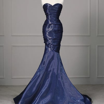Blue strapless satin long mermaid prom party dress - Thumbnail 2