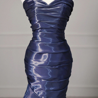 Blue Strapless Satin Long Mermaid Prom Party Dress - Thumbnail 1