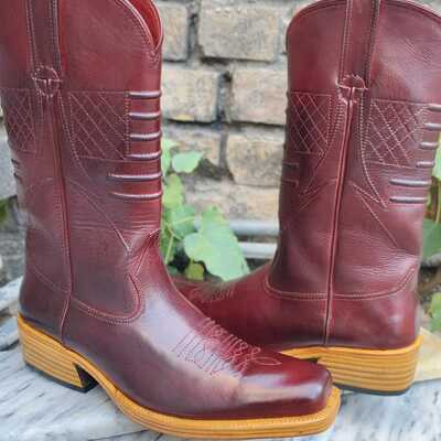 Crafted leather handmade men burgundy calf leather cowboy ankle boot
