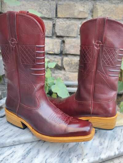 Crafted Leather Handmade Men Burgundy Calf Leather Cowboy Ankle Boot