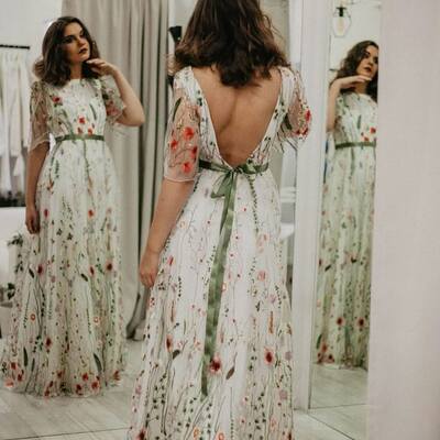 Sexy a line flowers floral beach boho wedding dress bridal gown wedding gown