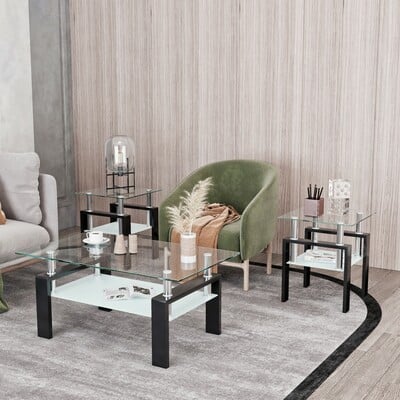 Set of 2 modern tempered glass coffee tables | square end tables for living room | transparent & black design