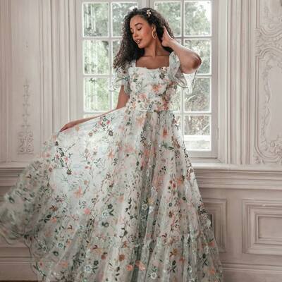 Unique a line flowers floral beach boho wedding dress bridal gown wedding gown