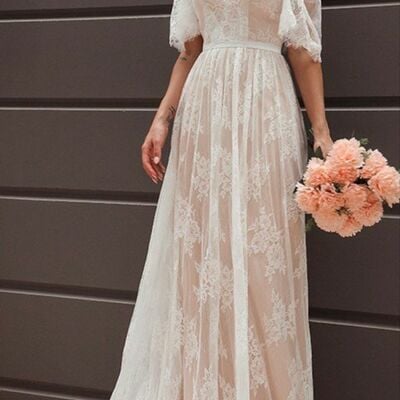 Sexy a line champagne lace beach boho wedding dress bridal gown wedding gown