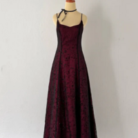 Spaghetti Straps Burgundy A Line Long Evening Dresses - Thumbnail 1