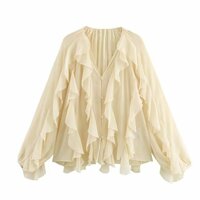 Elegant ruffled lantern sleeves holiday long-sleeved shirt top - Thumbnail 5