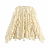 Elegant ruffled lantern sleeves holiday long-sleeved shirt top - Thumbnail 1