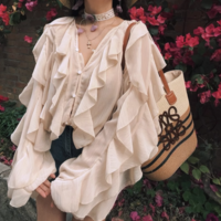 Elegant ruffled lantern sleeves holiday long-sleeved shirt top - Thumbnail 2