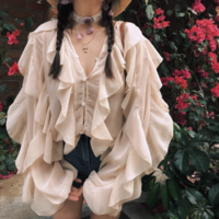 Elegant ruffled lantern sleeves holiday long-sleeved shirt top - Thumbnail 3