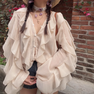 Elegant ruffled lantern sleeves holiday long-sleeved shirt top