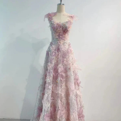 Romantic pink 3d-floral formal prom dresses 