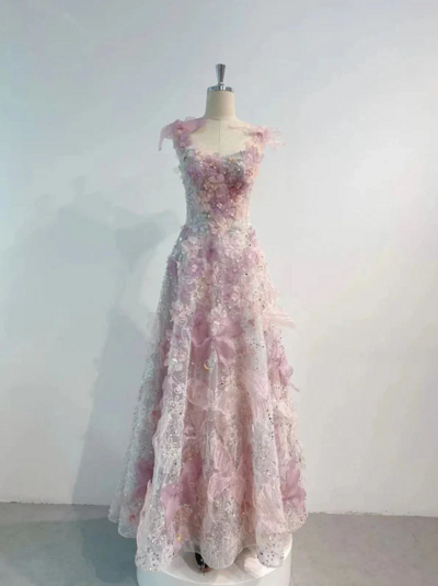 Romantic Pink 3D-Floral Formal Prom Dresses 