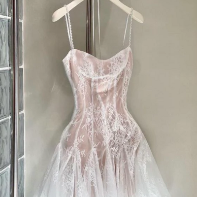 Sexy elegant short prom dress with white lace