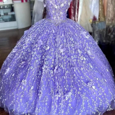 Ball gown lavender quinceanera dresses lace appliques with lace up
