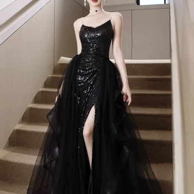 Black tulle sequins long prom dress, black evening party dress - Thumbnail 1