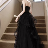 Black Tulle Sequins Long Prom Dress, Black Evening Party Dress - Thumbnail 1