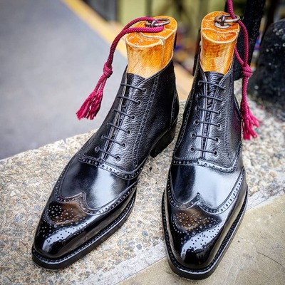 Handmade men black calf leather wingtip ankle high dress boot - Thumbnail 2