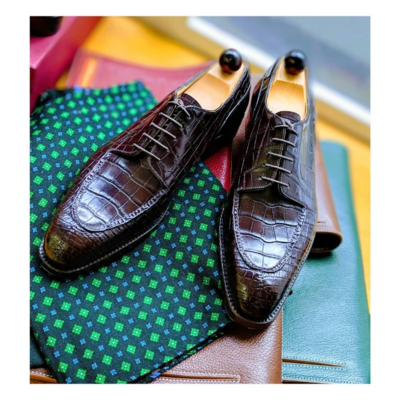 Handmade men brown crocodile/alligator leather oxford split toe dress shoes - Thumbnail 1