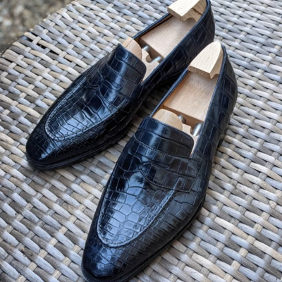 Handmade men black crocodile leather moccasin loafers dress shoes - Thumbnail 2