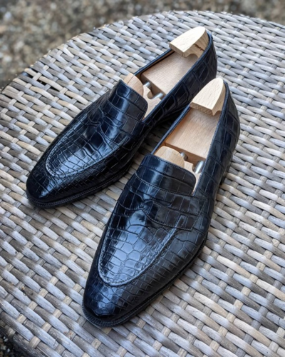Handmade Men Black Crocodile Leather Moccasin Loafers Dress Shoes