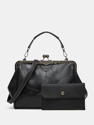 Fashion Soft Leather Women's Handbag Two Piece Black