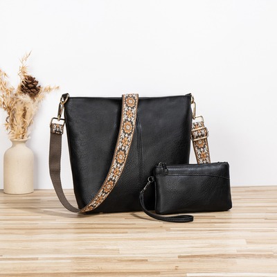 Women Shoulder Bag Vintage Crossbody Purse Handbag with Leopard Guitar Strap Hobo Bag Two Piece Black