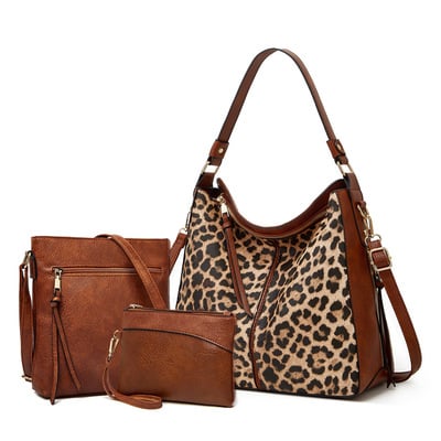 Women leopard print purse designer top handle handbags three piece brown - Thumbnail 5