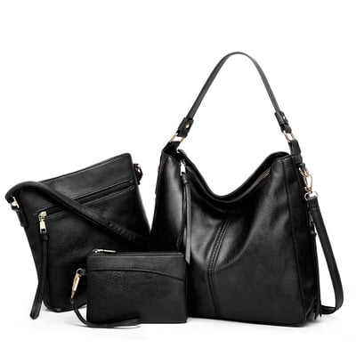 Women fashion handbags wallet tote bag shoulder bag top handle satchel purse set 3pcs black - Thumbnail 5
