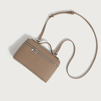 Ladies' Double Zipper Handbag Makeup Bag Khaki - Thumbnail 3