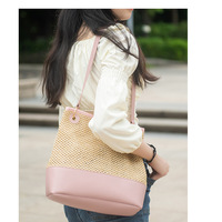 Ladies' Beach Woven Bag Shoulder Bag Pink - Thumbnail 1