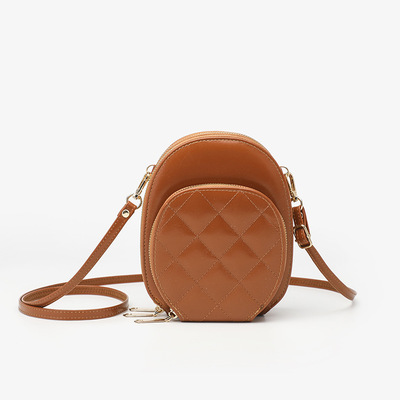 Multi layer large capacity diamond grid phone bag brown - Thumbnail 5