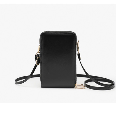 Female retro diagonal cross phone bag three layer zipper bag small bag black