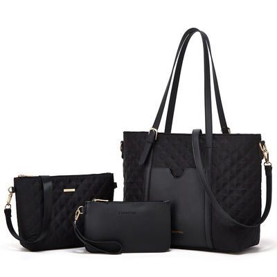 Women fashion synthetic leather handbags tote bag shoulder bag 3pcs black - Thumbnail 5