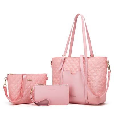 Women fashion synthetic leather handbags tote bag shoulder bag 3pcs pink - Thumbnail 5