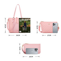 Women Fashion Synthetic Leather Handbags Tote Bag Shoulder Bag 3pcs Pink - Thumbnail 1
