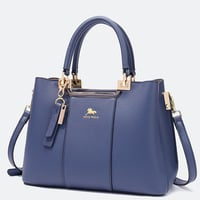 Women Faux Leather Medium Large Tote Satchel Shoulder Purse Handbag Blue - Thumbnail 1