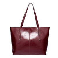Ladies' Large Capacity Oil Wax Leather Shoulder Bag Tote Bag Red - Thumbnail 2