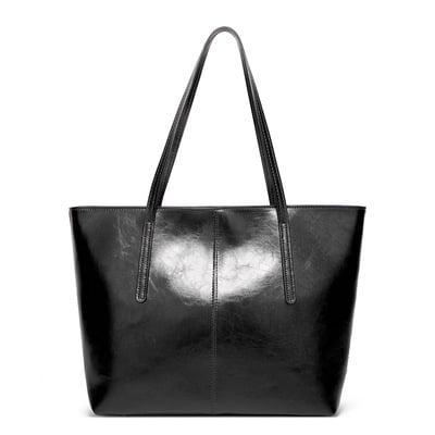 Ladies' Large Capacity Oil Wax Leather Shoulder Bag Tote Bag Black