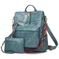 Women's Soft Leather Large Capacity Backpack Blue - Thumbnail 1