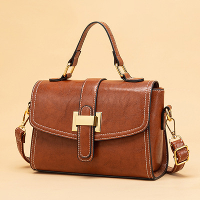 Women retro hollow oil wax pu leather handbag brown - Thumbnail 5
