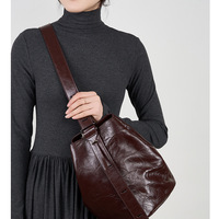 Wrinkled Cowhide Bucket Bag Women's Tote Bag Purple - Thumbnail 2