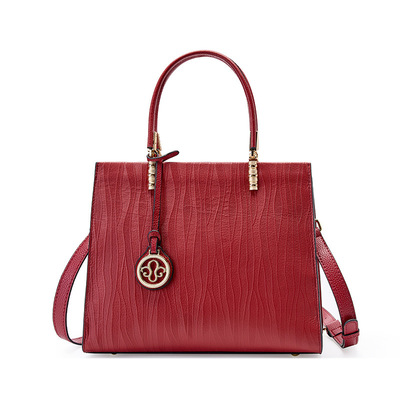 Genuine leather women's tote shoulder bag red - Thumbnail 4