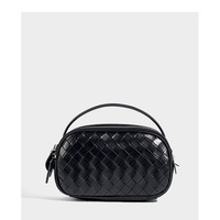 Genuine Leather Knitted Double Zipper Shoulder Crossbody Bag Black - Thumbnail 1