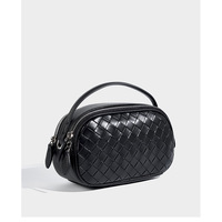 Genuine Leather Knitted Double Zipper Shoulder Crossbody Bag Black - Thumbnail 2