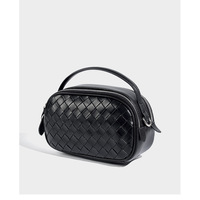 Genuine Leather Knitted Double Zipper Shoulder Crossbody Bag Black - Thumbnail 3