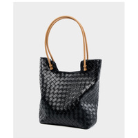 Women's Woven Bag Large Capacity Cowhide Handbag Black - Thumbnail 1