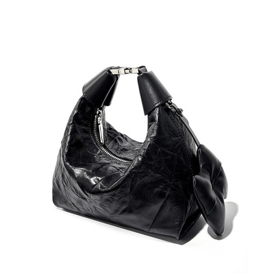 Women Wrinkled Cowhide Dumpling Bag Hand-held Diagonal Cross Bag Black