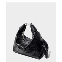 Women Wrinkled Cowhide Dumpling Bag Hand-held Diagonal Cross Bag Black - Thumbnail 1