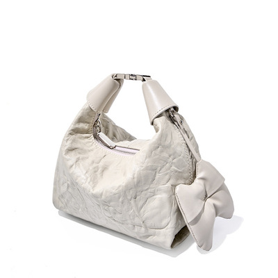Women wrinkled cowhide dumpling bag hand-held diagonal cross bag white - Thumbnail 3