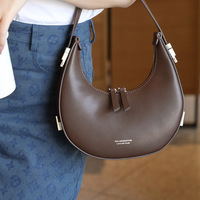 Women Genuine Leather Moon Handbag Brown - Thumbnail 1